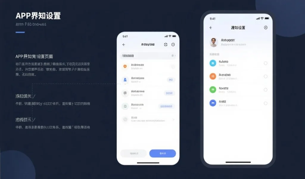 一张APP界面的截图示意图，突出展示通知设置页面和不同类型的通知选项，界面简洁明了