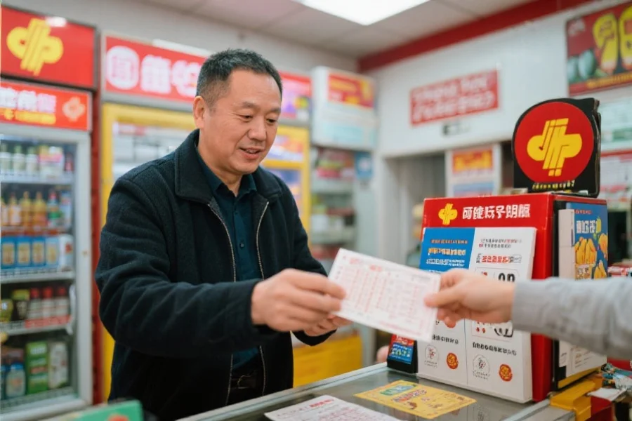 一位普通人在彩票店购买彩票，表情平和，展现理性购彩氛围